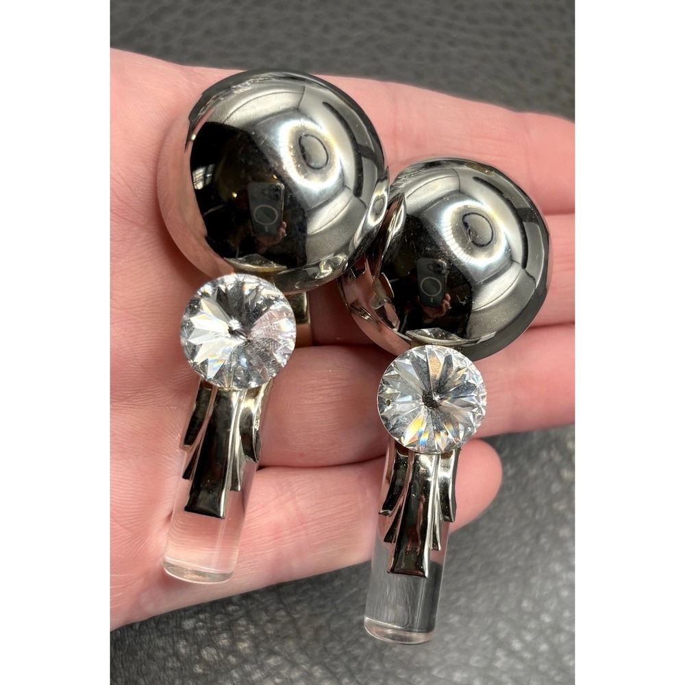 VTG 80s Bold Runway Clip On Earrings Rivoli Crystal Lucite Silver Tone